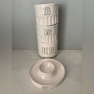 Rae Dunn 4-piece Set SALT Rimmer Dish, Ribbed & Footed LUSH, SEED, FRESH holders